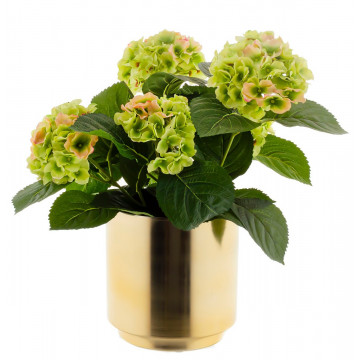 Goudkleurige pot met 5 hortensia zijden bloemen